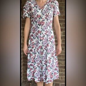 Vintage 90s floral midi dress button up tie back Cottage Core DBY